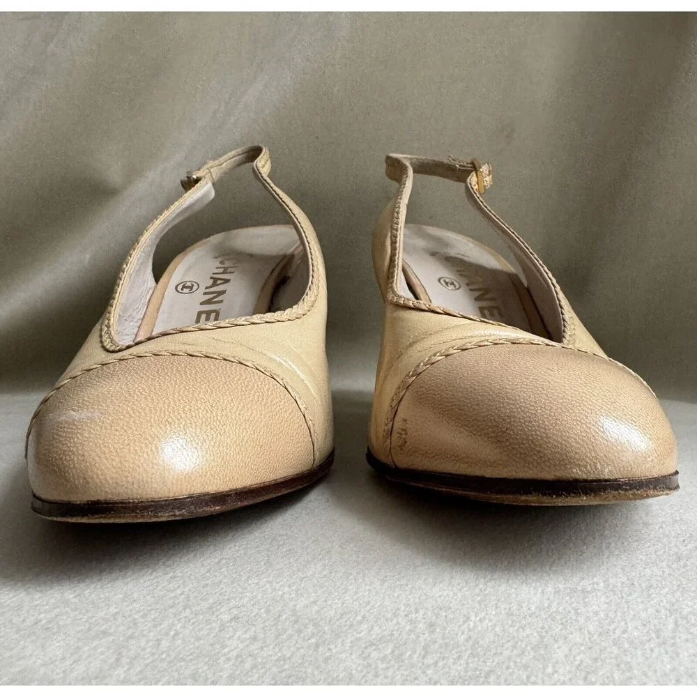 Chanel Vintage Sling back Size 6G Beige Leather Heels Shoes - Picture 7 of 9